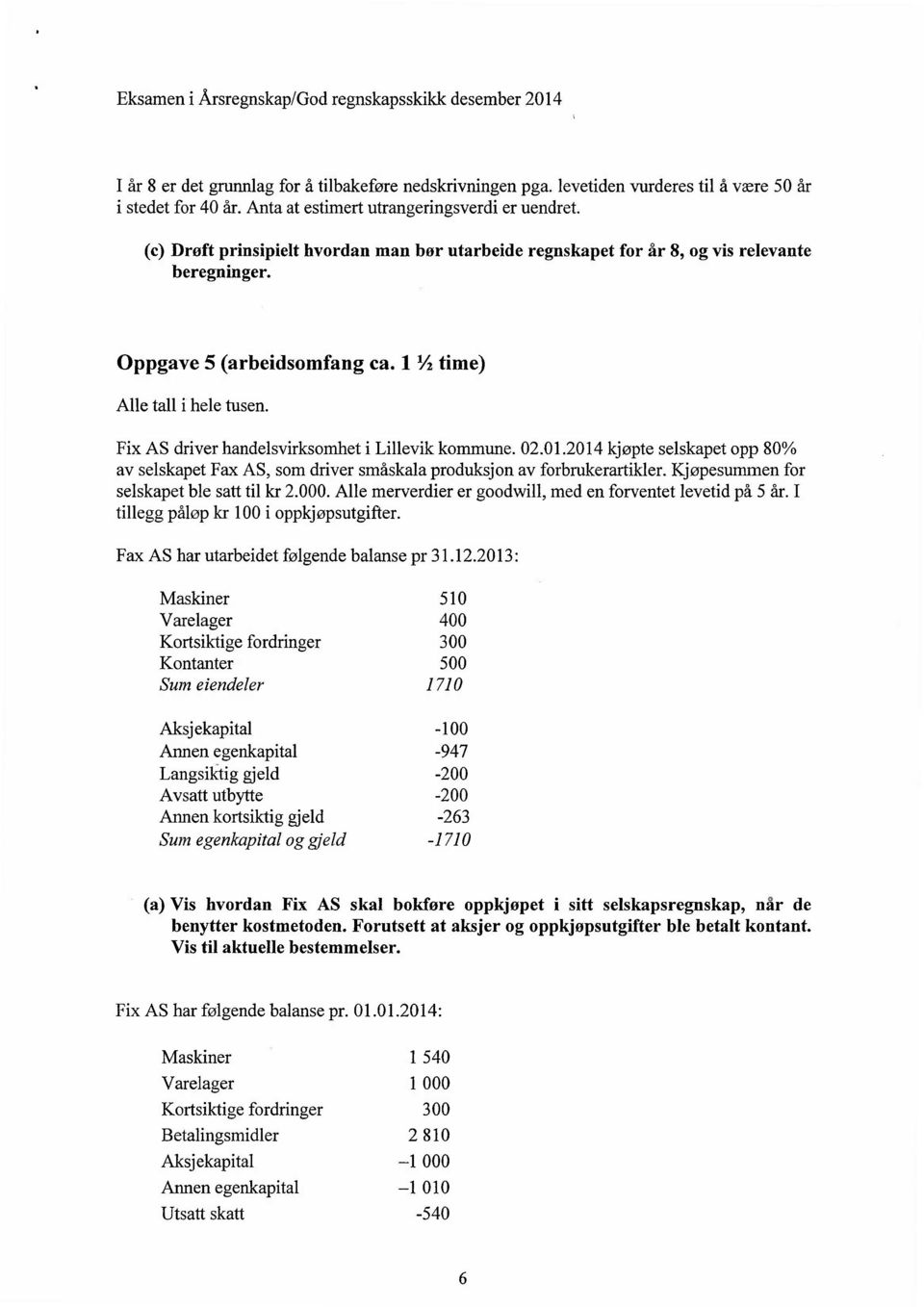 1 /2 time) Alle tall i hele tusen. Fix AS driver handelsvirksomhet i Lillevik kommune. 02.01.2014 kjøpte selskapet opp 80% av selskapet Fax AS, som driver småskala produksjon av forbrukerartikler.