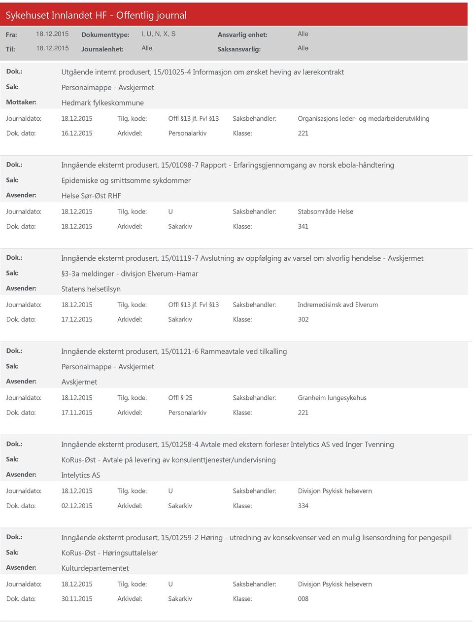 Dok. dato: Arkivdel: Sakarkiv 341 Inngående eksternt produsert, 15/01119-7 Avslutning av oppfølging av varsel om alvorlig hendelse - 3-3a meldinger - divisjon Elverum-Hamar Statens helsetilsyn