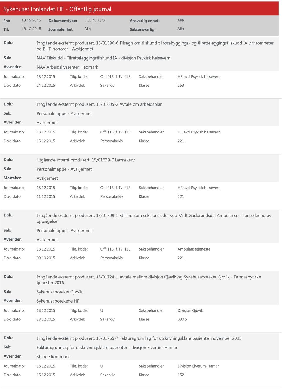 2015 Arkivdel: Sakarkiv 153 Inngående eksternt produsert, 15/01605-2 Avtale om arbeidsplan Personalmappe - HR avd Psykisk helsevern Dok. dato: 15.12.