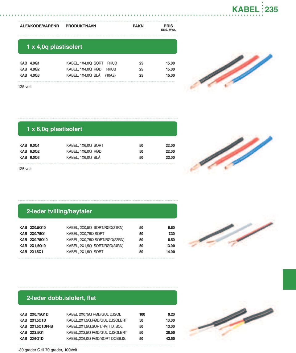 75Q1 KABEL, 2X0,75Q SORT 50 7.30 KAB 2X0.75Q10 KABEL, 2X0,75Q SORT/RØD(22RN) 50 8.50 KAB 2X1,5Q10 KABEL, 2X1,5Q SORT/RØD(24RN) 50 13.00 KAB 2X1.5Q1 KABEL, 2X1,5Q SORT 50 14.00 2-leder dobb.