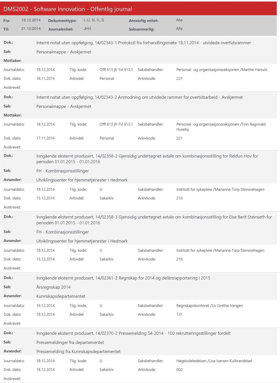 2014 Arkivdel: Personal Internt notat uten oppfølging, 14/02343-2 Anmodning om utvidede rammer for overtidsarbeid - Personal- og organisasjonsseksjonen /Finn Ragnvald Huseby Dok. dato: 17.11.