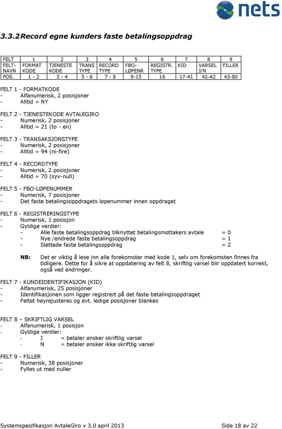 Numerisk, 7 posisjoner - Det faste betalingsoppdragets løpenummer innen oppdraget FELT 6 - REGISTRERINGSTYPE - Numerisk, 1 posisjon - Gyldige verdier: - Alle faste betalingsoppdrag tilknyttet