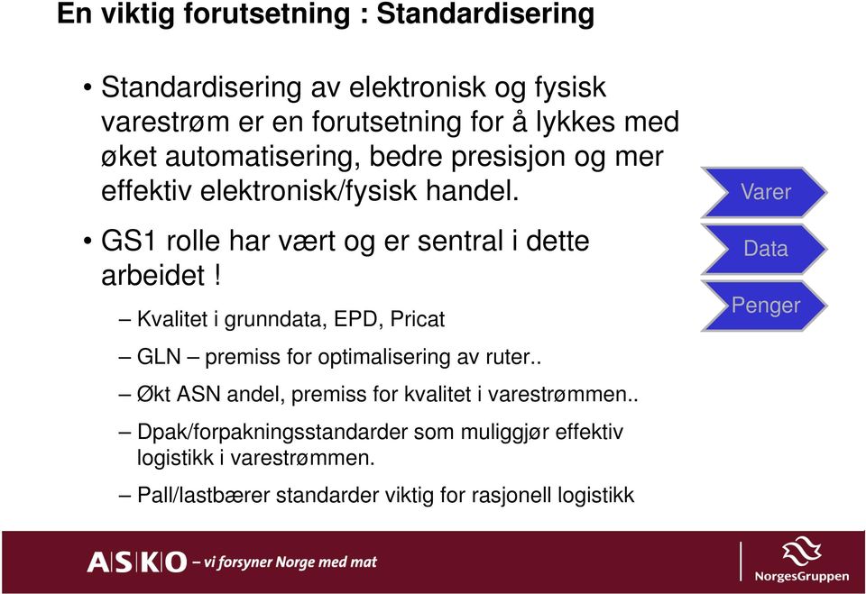 Kvalitet i grunndata, EPD, Pricat GLN premiss for optimalisering av ruter.. Økt ASN andel, premiss for kvalitet i varestrømmen.