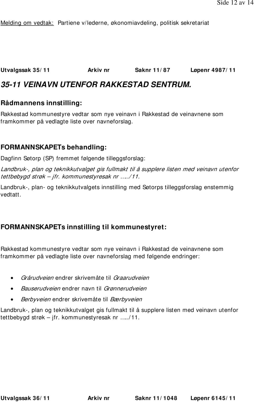 Dagfinn Søtorp (SP) fremmet følgende tilleggsforslag: Landbruk-, plan og teknikkutvalget gis fullmakt til å supplere listen med veinavn utenfor tettbebygd strøk jfr. kommunestyresak nr../11.