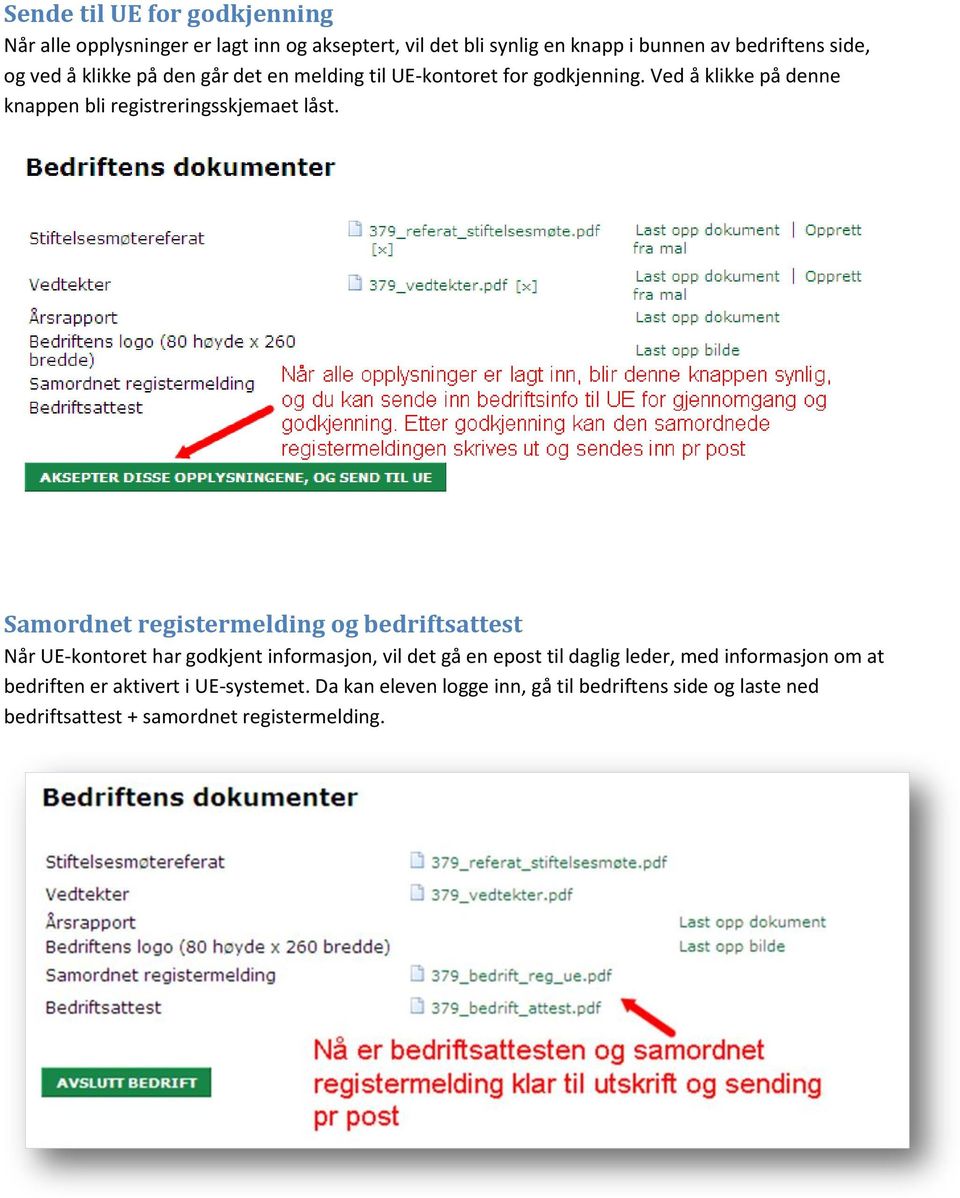 Samordnet registermelding og bedriftsattest Når UE-kontoret har godkjent informasjon, vil det gå en epost til daglig leder, med informasjon