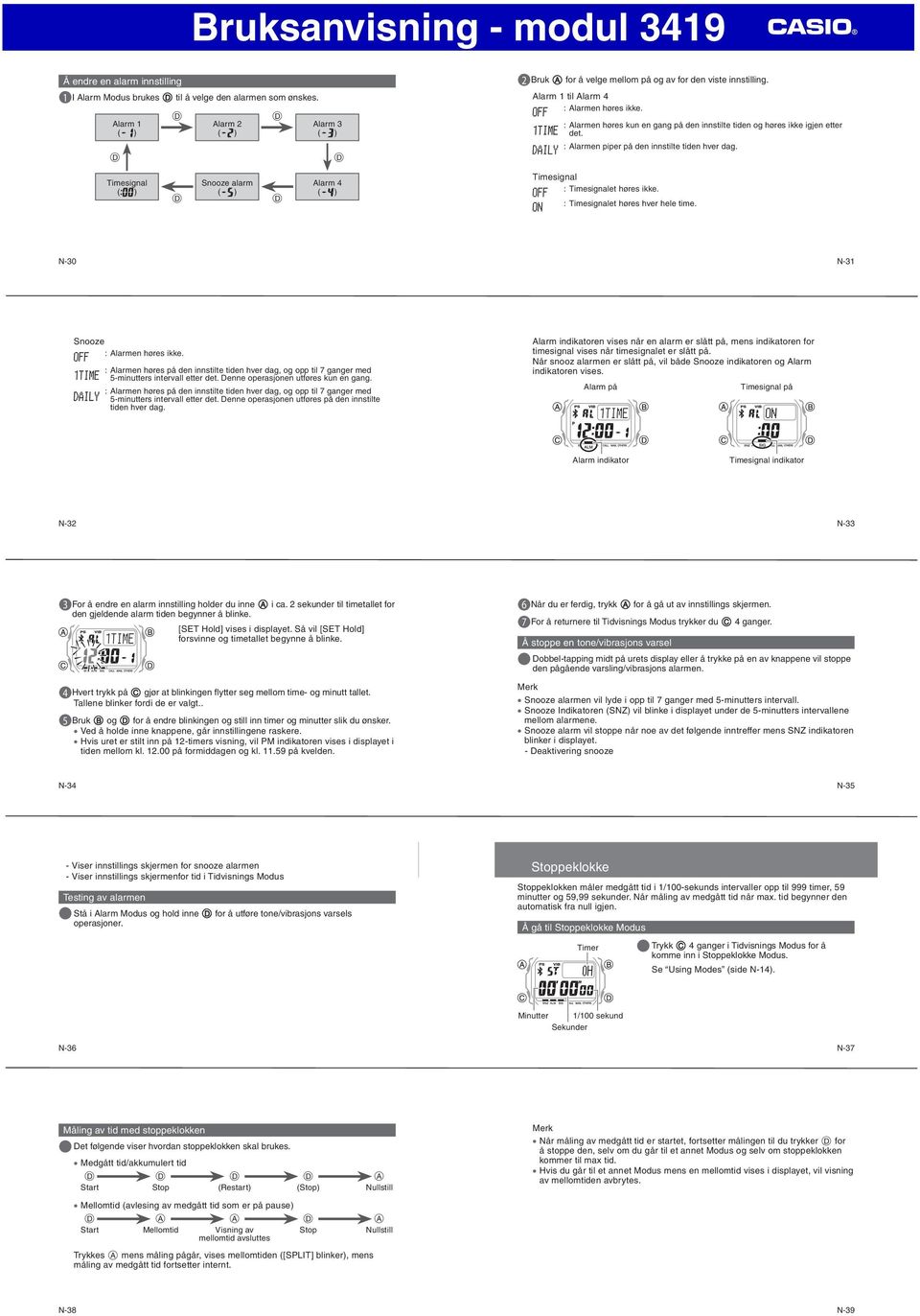 Timesignal Snooze alarm Alarm 4 Timesignal : Timesignalet høres ikke. : Timesignalet høres hver hele time. N-30 N-31 Snooze : Alarmen høres ikke.
