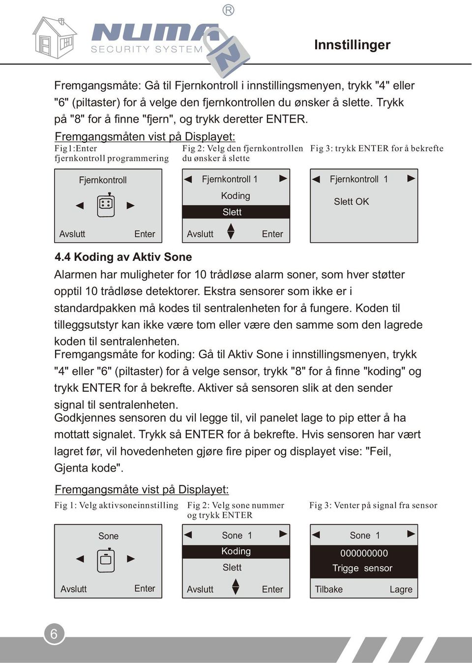 Fjernkontroll 1 Slett OK 4.4 Koding av Aktiv Sone Alarmen har muligheter for 10 trådløse alarm soner, som hver støtter opptil 10 trådløse detektorer.