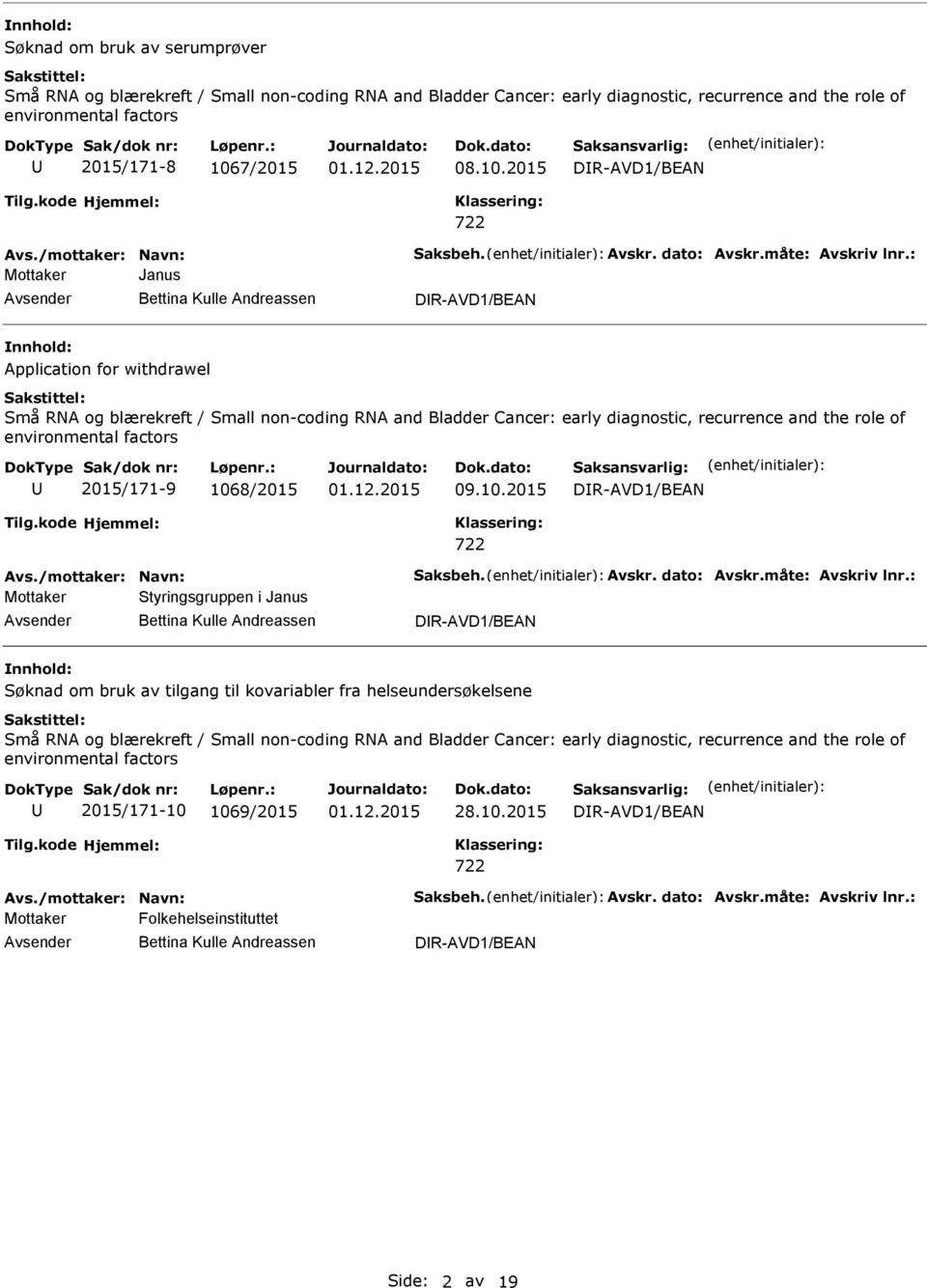 : Mottaker Janus Bettina Kulle Andreassen DR-AVD1/BEAN Application for withdrawel Små RNA og blærekreft / Small non-coding RNA and Bladder Cancer: early diagnostic, recurrence and the role of