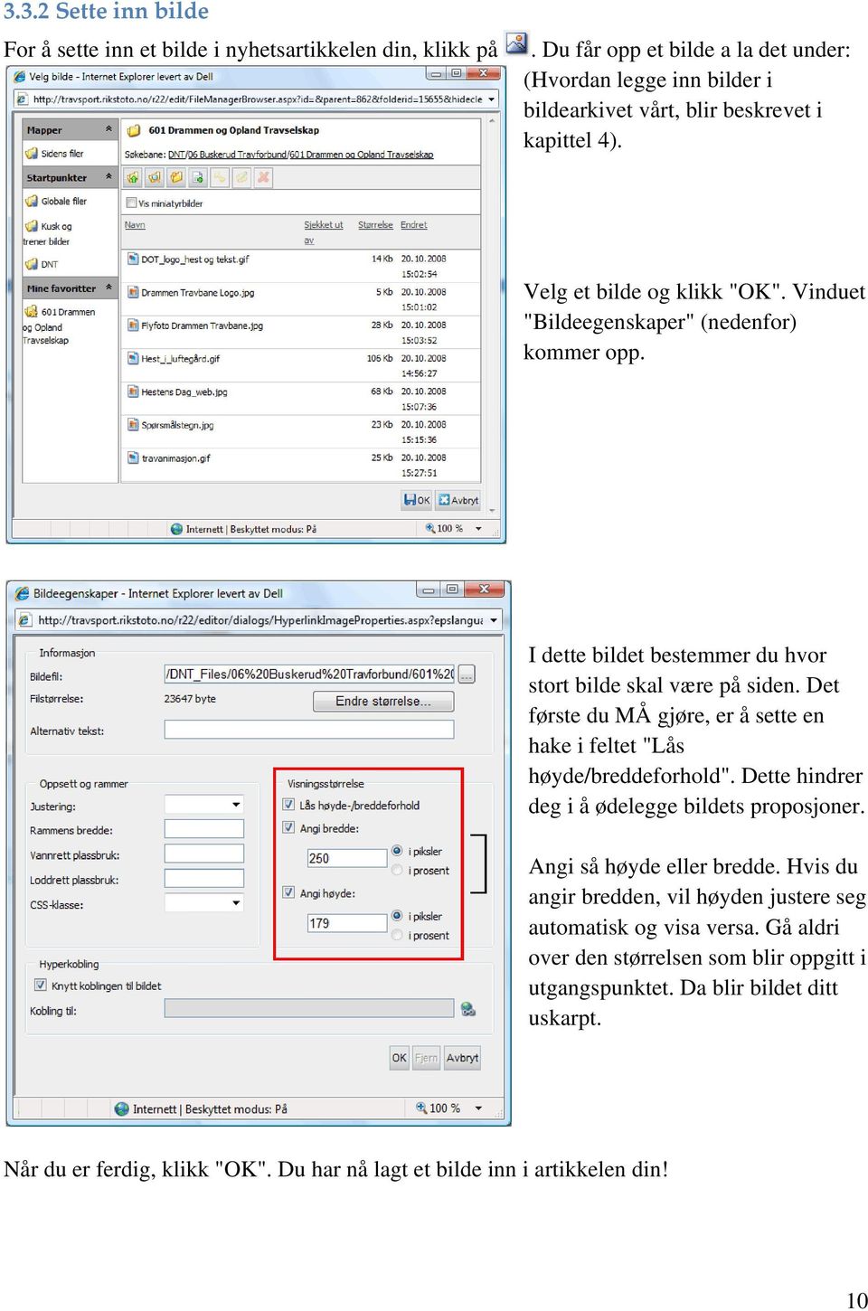 Vinduet "Bildeegenskaper" (nedenfor) kommer opp. I dette bildet bestemmer du hvor stort bilde skal være på siden.