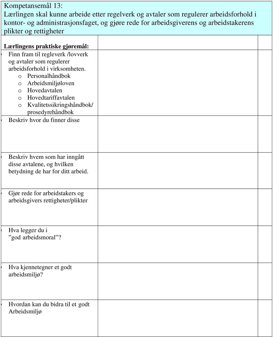 o Personalhåndbok o Arbeidsmiljøloven o Hovedavtalen o Hovedtariffavtalen o Kvalitetssikringshåndbok/ prosedyrehåndbok Beskriv hvor du finner disse Beskriv hvem som har inngått