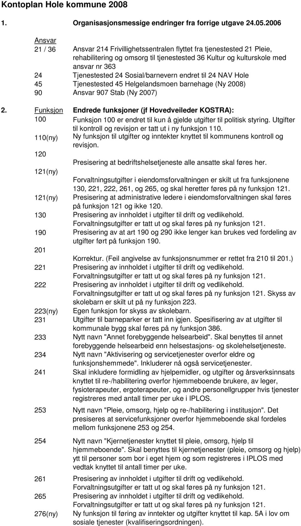 Sosial/barnevern endret til 24 NAV Hole 45 Tjenestested 45 Helgelandsmoen barnehage (Ny 2008) 90 Ansvar 907 Stab (Ny 2007) 2.