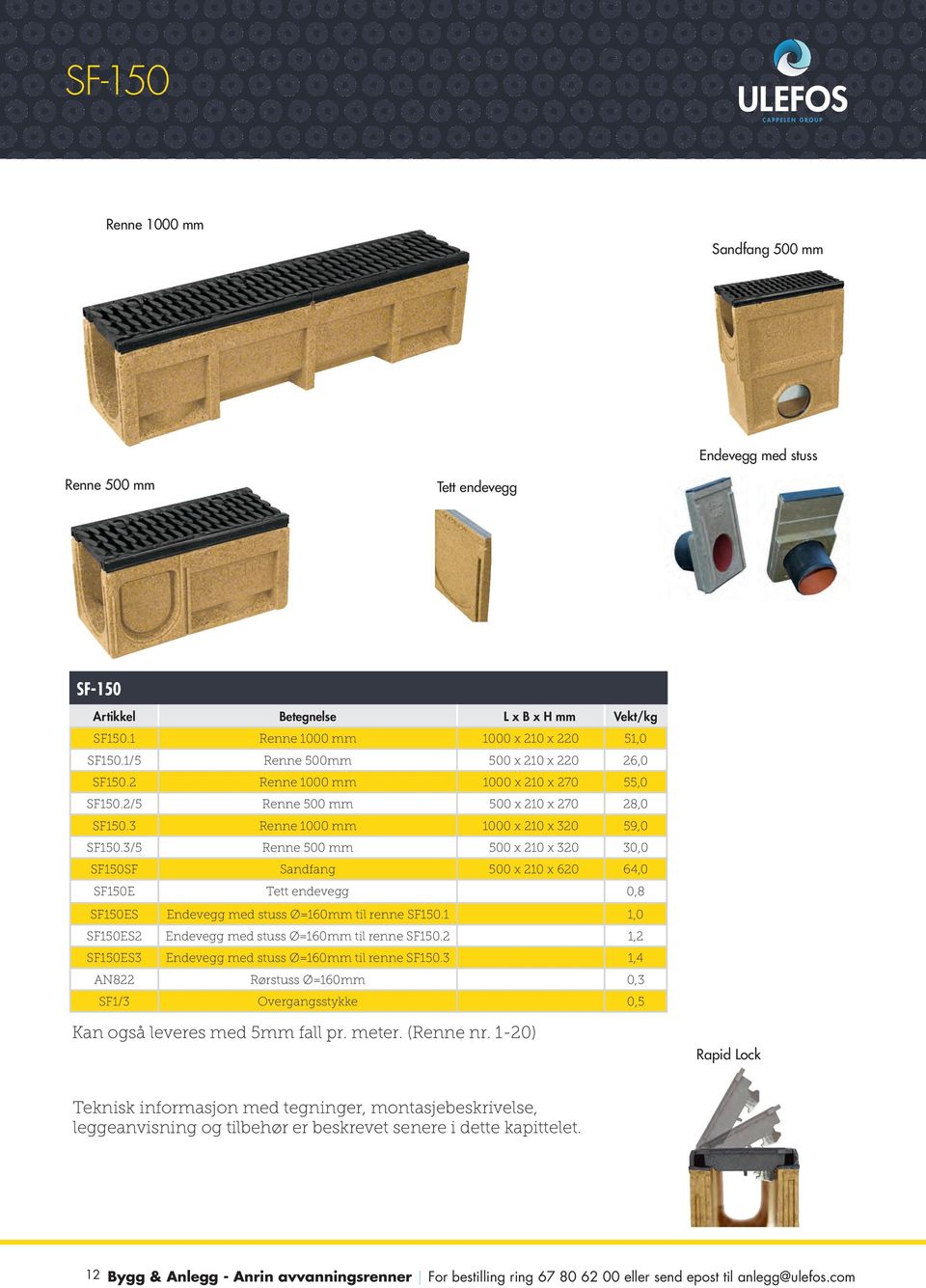 3/5 Renne 500 mm 500 x 210 x 320 30,0 SF150SF Sandfang 500 x 210 x 620 64,0 SF150E Tett endevegg 0,8 SF150ES Endevegg med stuss Ø=160mm til renne SF150.