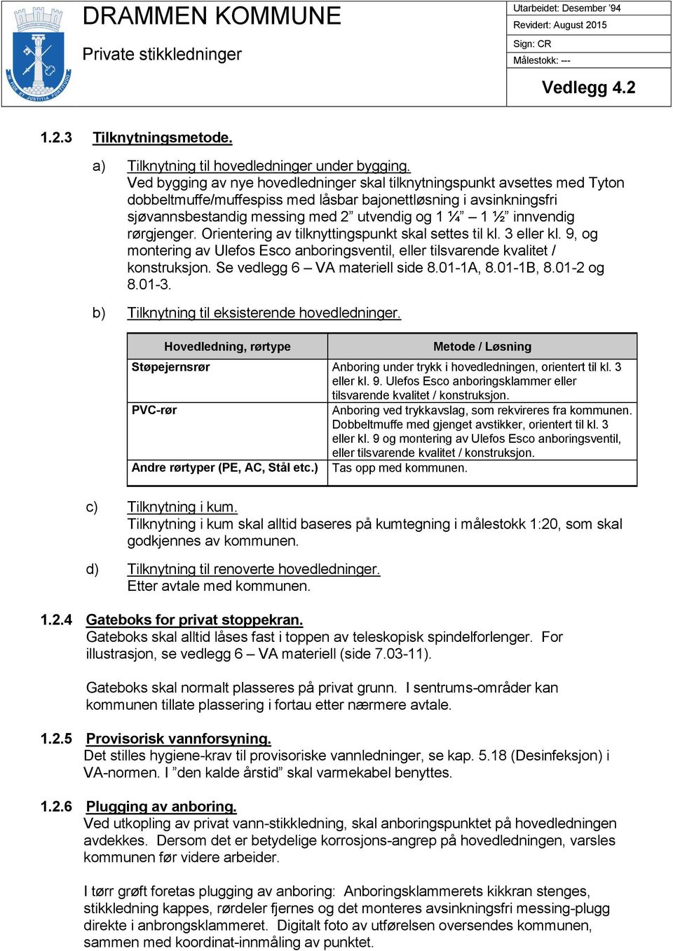 innvendig rørgjenger. Orientering av tilknyttingspunkt skal settes til kl. 3 eller kl. 9, og montering av Ulefos Esco anboringsventil, eller tilsvarende kvalitet / konstruksjon.