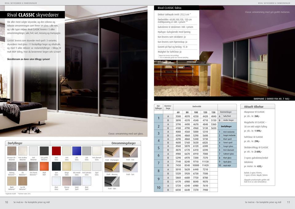 CLSSIC leveres som skyvedør med speil i 3 varianter, skyvedører med glass i 11 forskjellige farger og stiluttrykk, og med 9 ulike dekorer av melaminfyllinger i tillegg til malt MDF fylling, hvor du
