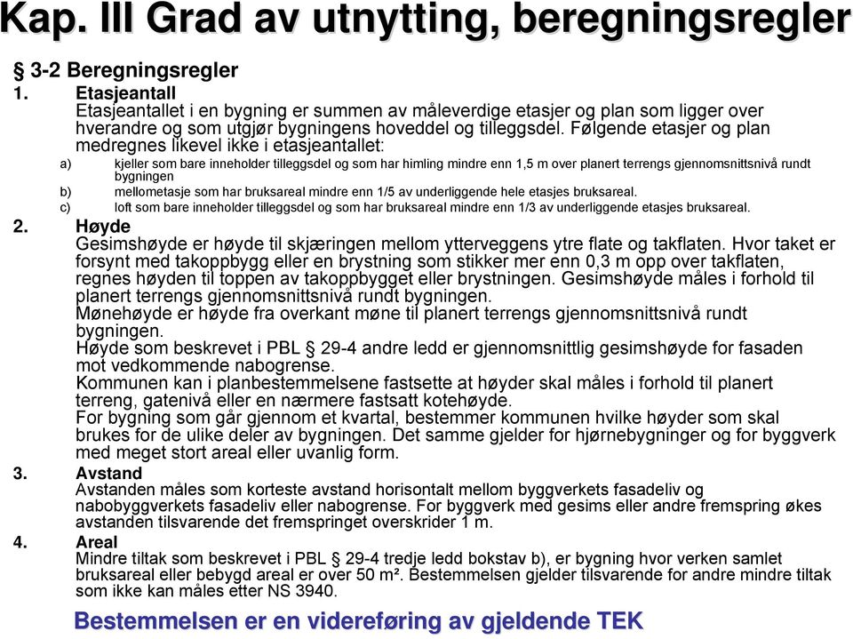 Følgende etasjer og plan medregnes likevel ikke i etasjeantallet: a) kjeller som bare inneholder tilleggsdel og som har himling mindre enn 1,5 m over planert terrengs gjennomsnittsnivå rundt