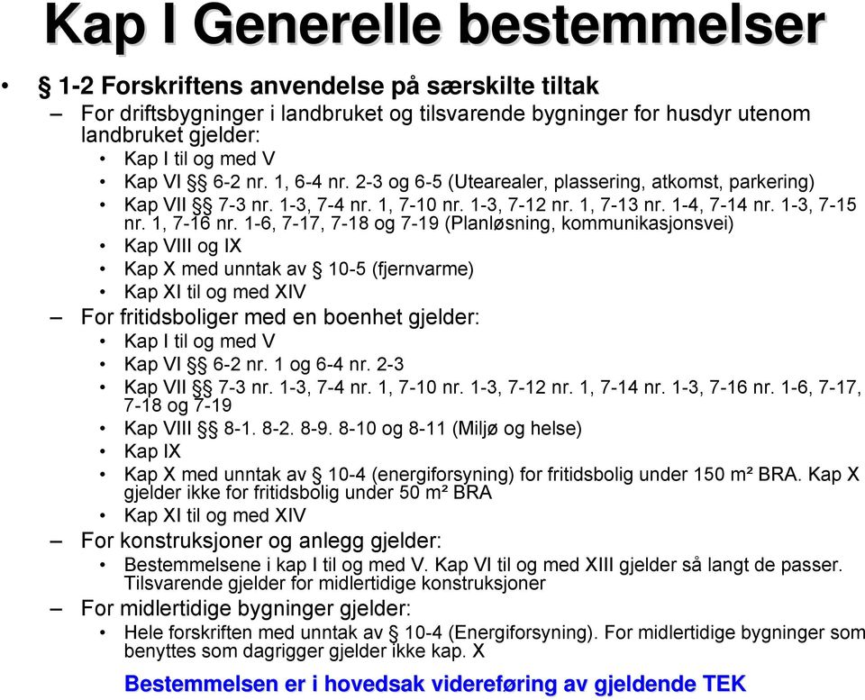 1-6, 7-17, 7-18 og 7-19 (Planløsning, kommunikasjonsvei) Kap VIII og IX Kap X med unntak av 10-5 (fjernvarme) Kap XI til og med XIV For fritidsboliger med en boenhet gjelder: Kap I til og med V Kap