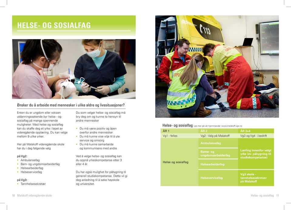 Her på Malakoff videregående skole har du i dag følgende valg på Vg2: Ambulansefag Barn- og ungdomsarbeiderfag Helsearbeiderfag Helseservicefag på Vg3: Tannhelsesekretær Du som velger helse- og
