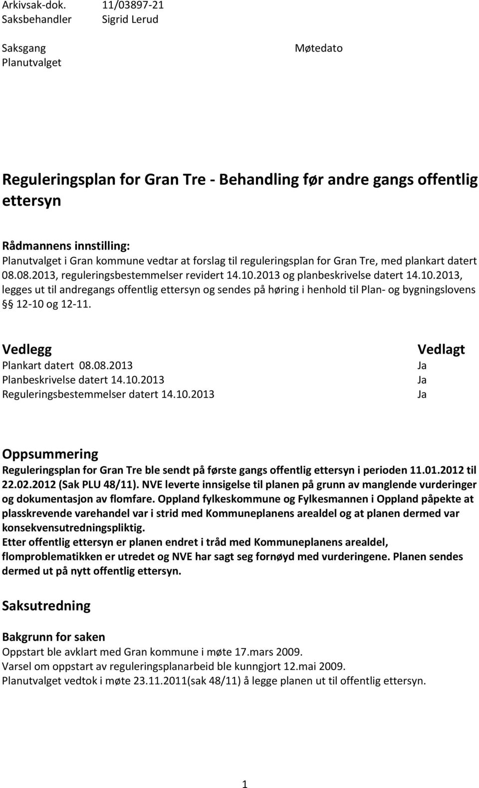 vedtar at forslag til reguleringsplan for Gran Tre, med plankart datert 08.08.2013, reguleringsbestemmelser revidert 14.10.