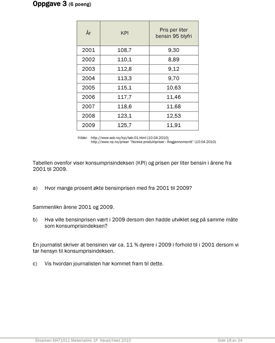 a) Hvor mange prosent økte bensinprisen med fra 2001 til 2009? Sammenlikn årene 2001 og 2009. b) Hvavillebensinprisenværti2009dersomdenhaddeutvikletsegpåsammemåte som konsumprisindeksen?