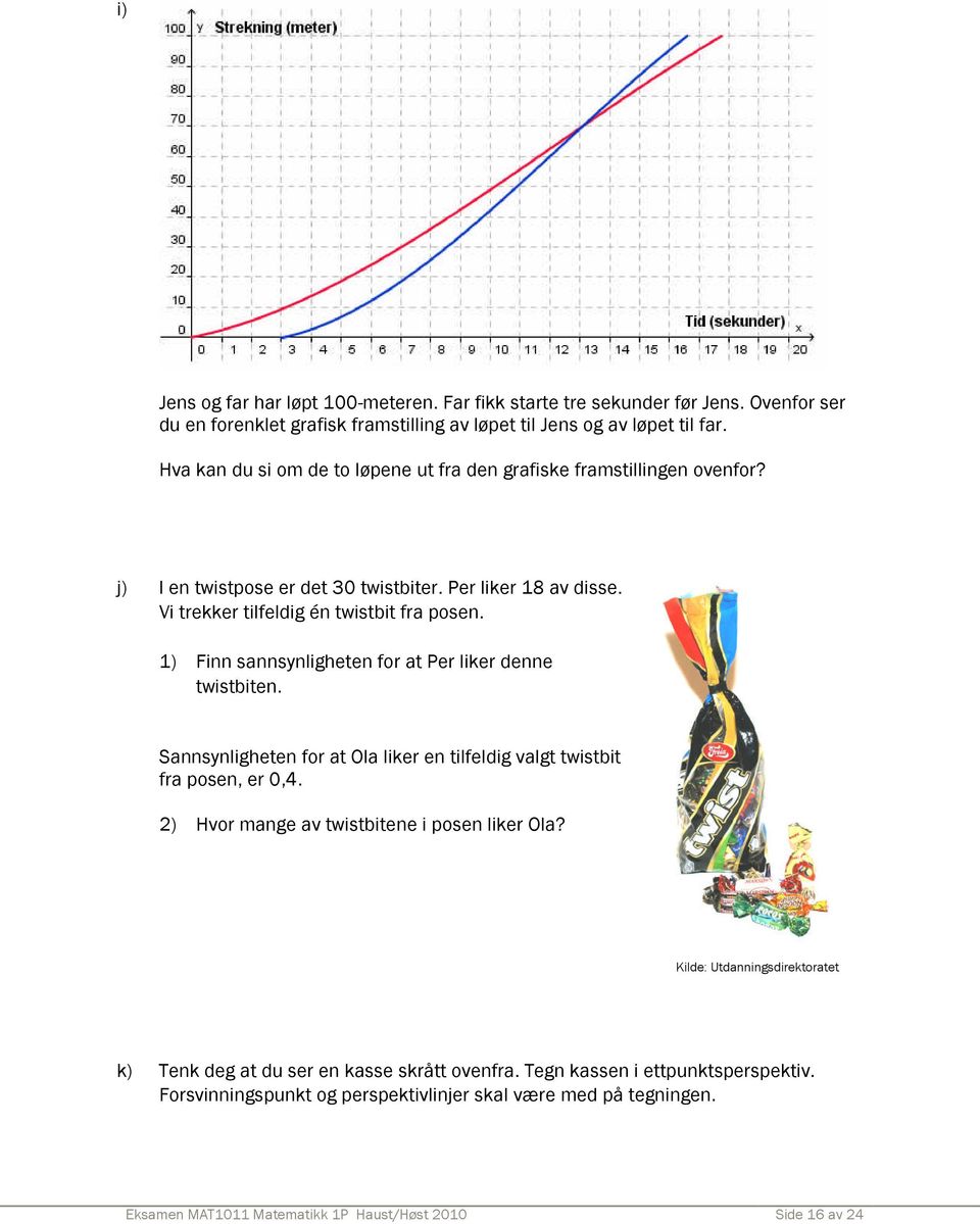 1) Finn sannsynligheten for at Per liker denne twistbiten. Sannsynligheten for at Ola liker en tilfeldig valgt twistbit fra posen, er 0,4. 2) Hvor mange av twistbitene i posen liker Ola?