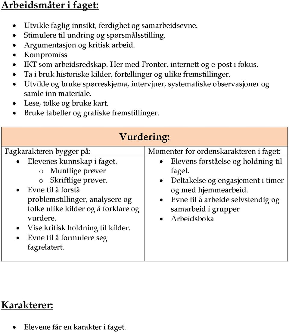 Lese, tolke bruke kart. Bruke tabeller grafiske fremstillinger. Fagkarakteren bygger på: Elevenes kunnskap i faget. o Muntlige prøver o Skriftlige prøver.