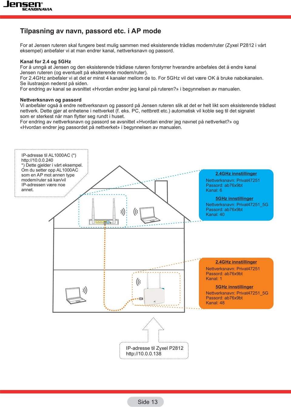 4 og 5GHz For å unngå at Jensen og den eksisterende trådløse ruteren forstyrrer hverandre anbefales det å endre kanal Jensen ruteren (og eventuelt på eksiterende modem/ruter). For.4GHz anbefaler vi at det er minst 4 kanaler mellom de to.