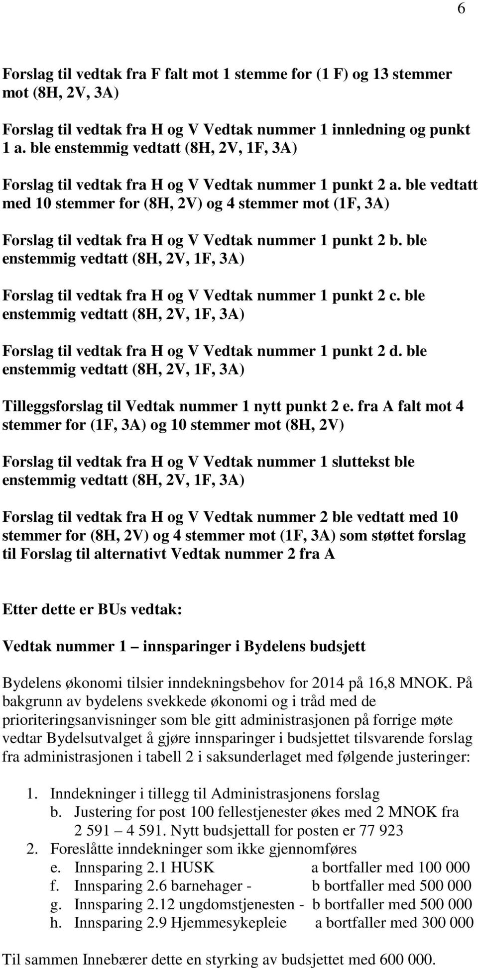 ble vedtatt med 10 stemmer for (8H, 2V) og 4 stemmer mot (1F, 3A) Forslag til vedtak fra H og V Vedtak nummer 1 punkt 2 b.