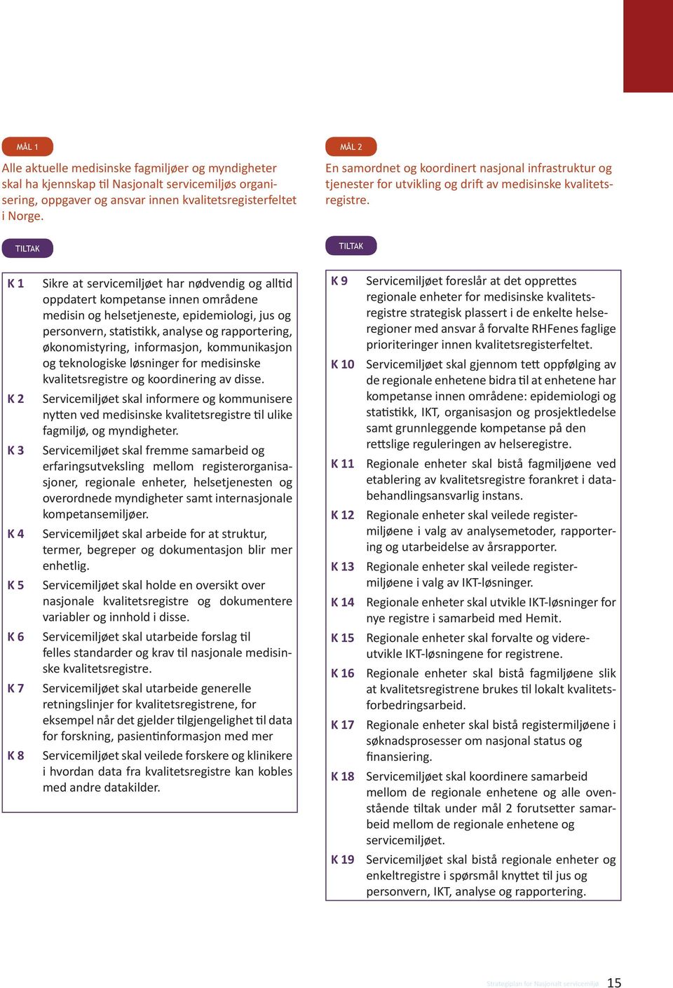 K 1 K 2 K 3 K 4 K 5 K 6 K 7 K 8 Sikre at servicemiljøet har nødvendig og alltid oppdatert kompetanse innen områdene medisin og helsetjeneste, epidemiologi, jus og personvern, statistikk, analyse og