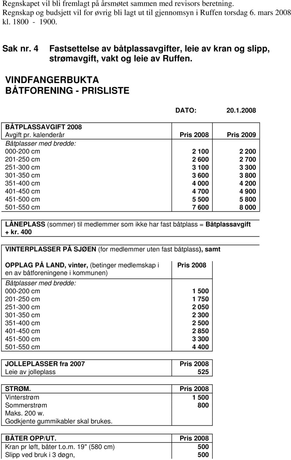 kalenderår Pris 2008 Pris 2009 Båtplasser med bredde: 000-200 cm 2 100 2 200 201-250 cm 2 600 2 700 251-300 cm 3 100 3 300 301-350 cm 3 600 3 800 351-400 cm 4 000 4 200 401-450 cm 4 700 4 900 451-500