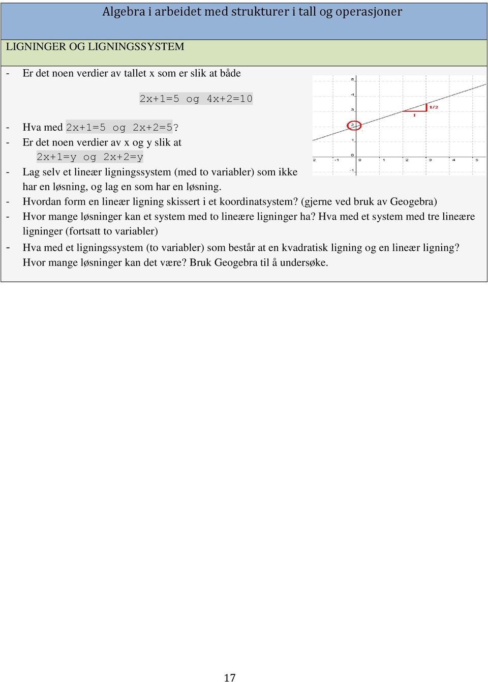 - Hvordan form en lineær ligning skissert i et koordinatsystem? (gjerne ved bruk av Geogebra) - Hvor mange løsninger kan et system med to lineære ligninger ha?