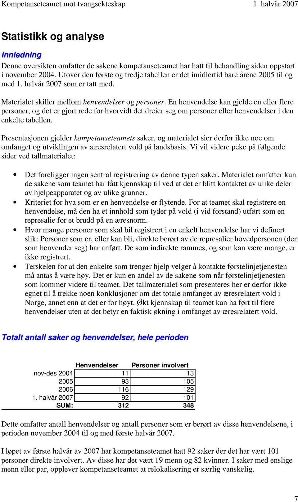 En henvendelse kan gjelde en eller flere personer, og det er gjort rede for hvorvidt det dreier seg om personer eller henvendelser i den enkelte tabellen.