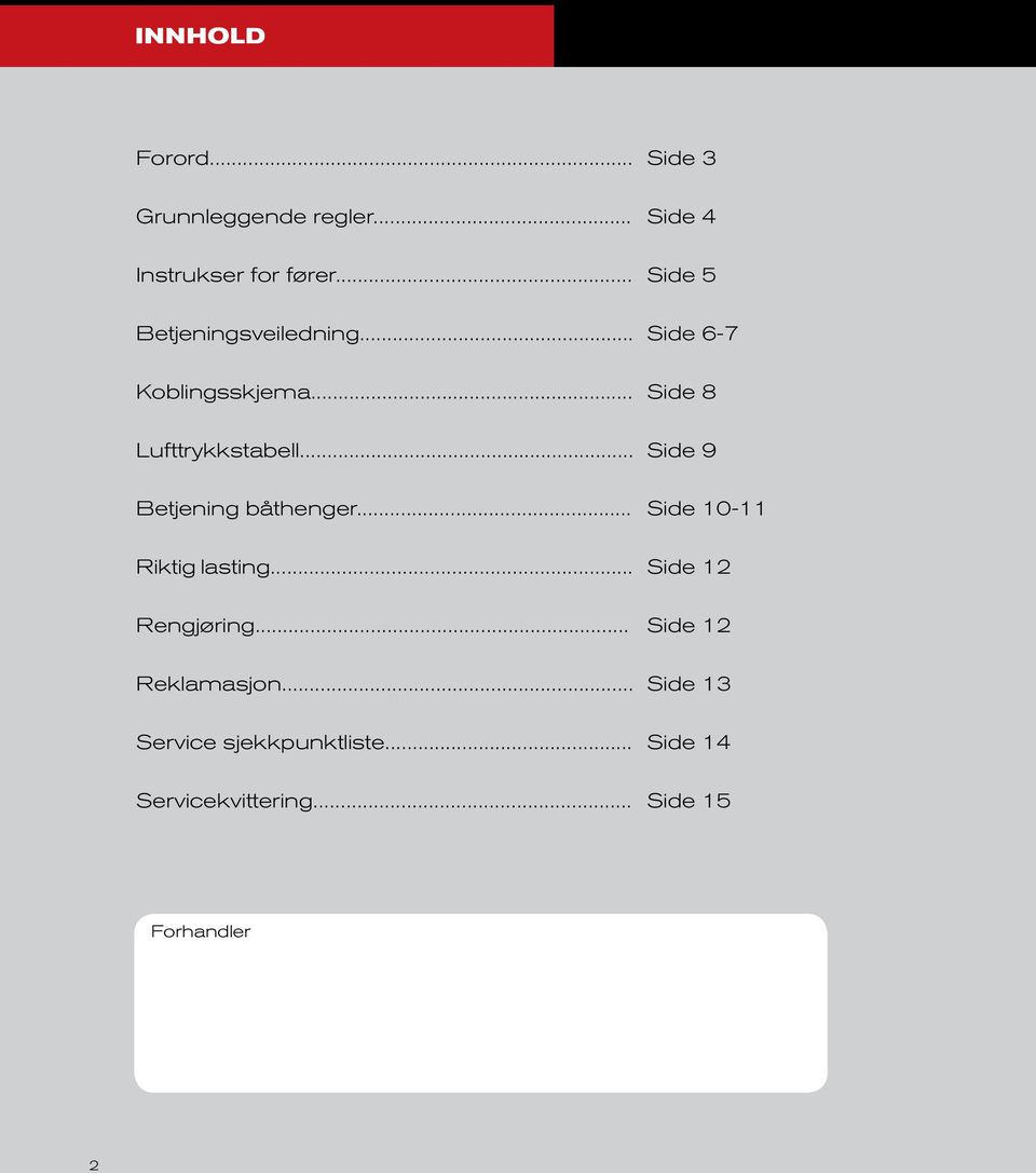 .. Side 9 Betjening båthenger... Side 10-11 Riktig lasting... Side 12 Rengjøring.