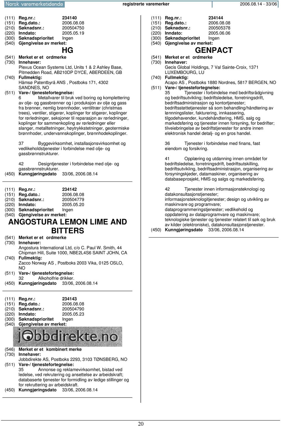 05.19 HG Plexus Ocean Systems Ltd, Units 1 & 2 Ashley Base, Pitmedden Road, AB210DP DYCE, ABERDEEN, GB Håmsø Patentbyrå ANS, Postboks 171, 4302 SANDNES, NO 6 Metallvarer til bruk ved boring og