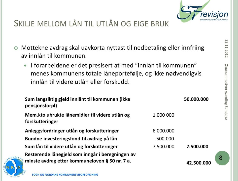 Sum langsiktig gjeld innlånt til kommunen (ikke pensjonsforpl) Mem.kto ubrukte lånemidler til videre utlån og forskutteringer 1.000 