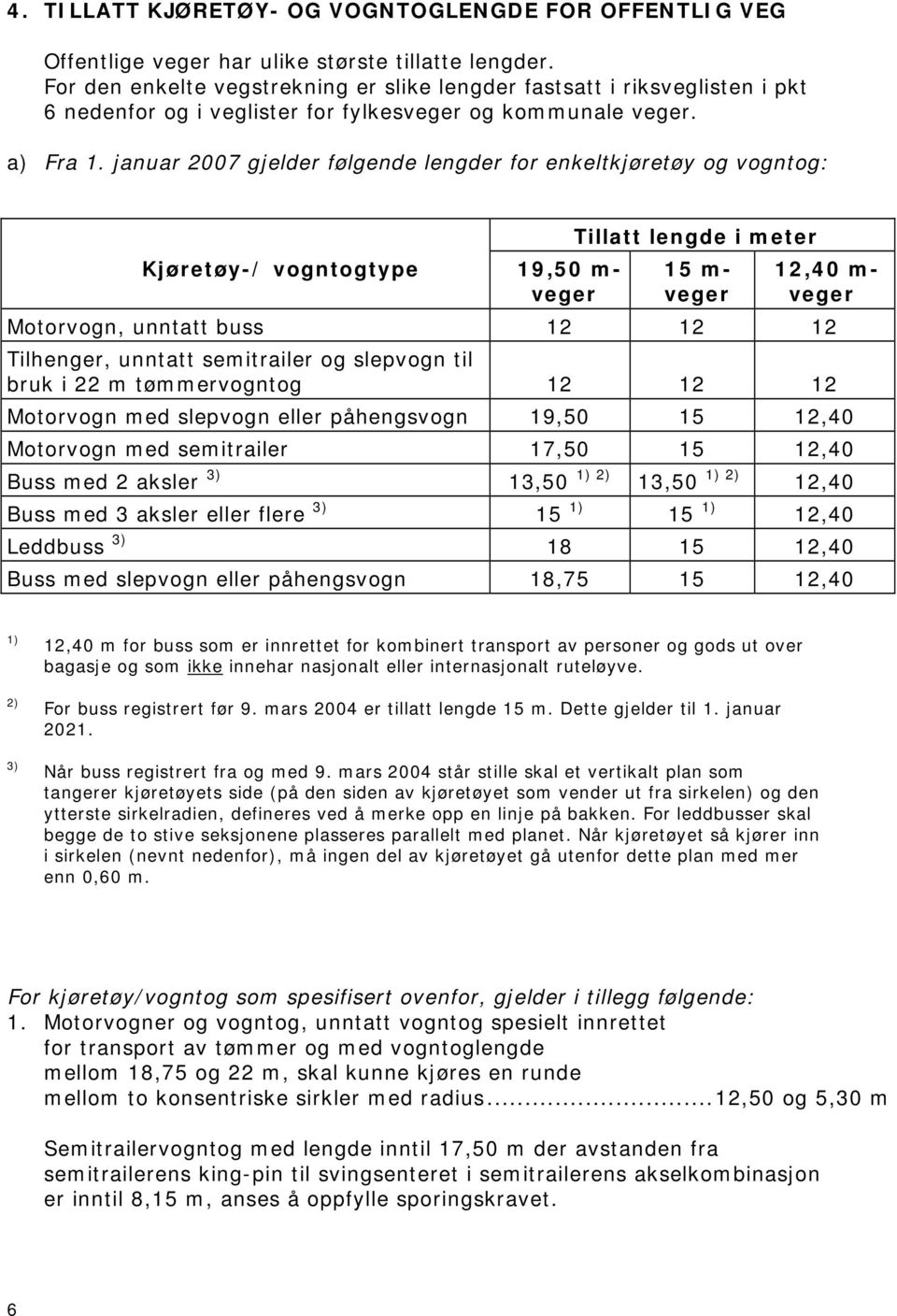 januar 2007 gjelder følgende lengder for enkeltkjøretøy og vogntog: Kjøretøy-/ vogntogtype 19,50 m- veger lengde i 15 m- veger 12,40 m- veger Motorvogn, unntatt buss 12 12 12 Tilhenger, unntatt