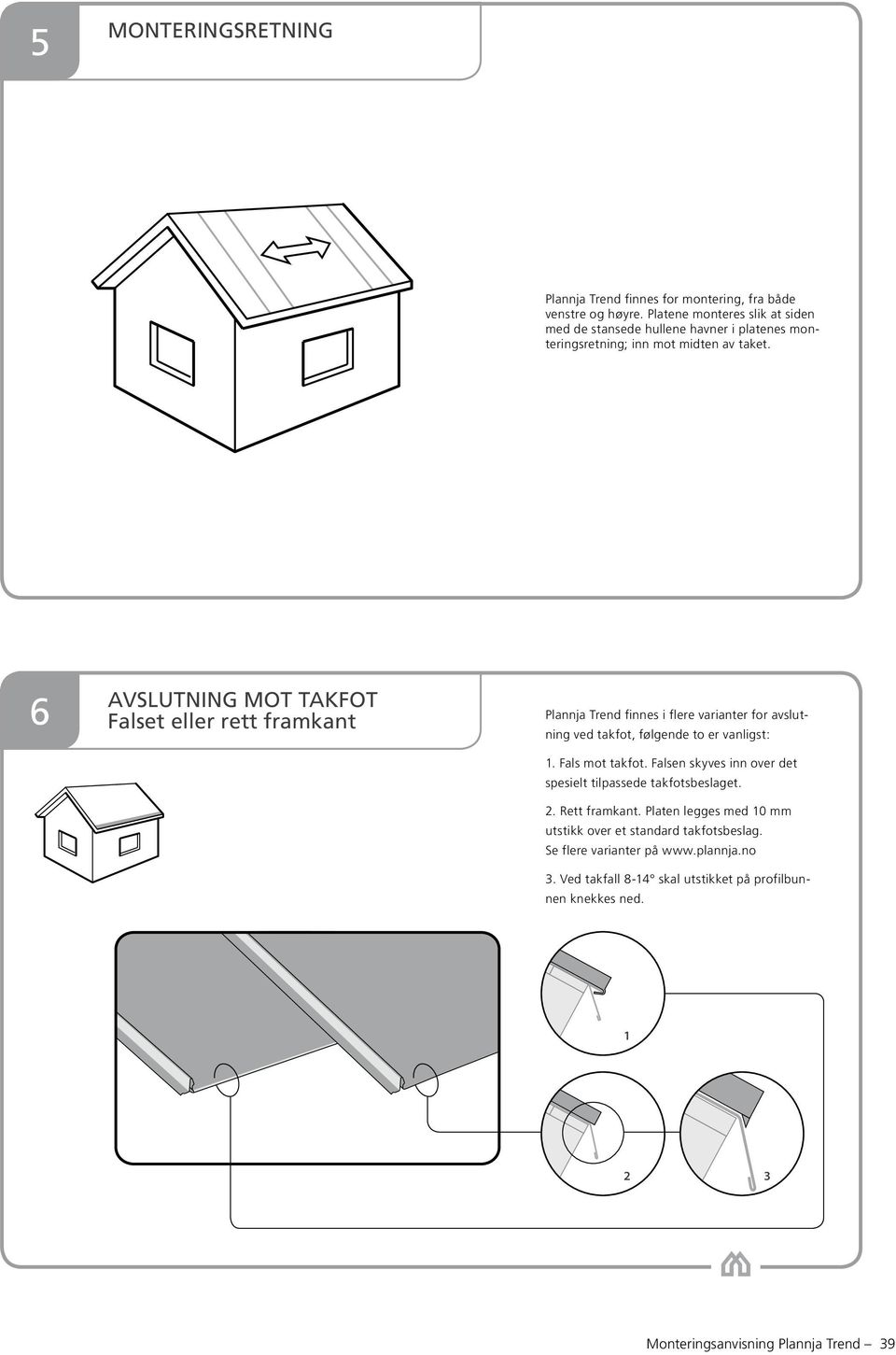 6 AVSLUTNING MOT TAKFOT Falset eller rett framkant Plannja Trend finnes i flere varianter for avslutning ved takfot, følgende to er vanligst: 1. Fals mot takfot.