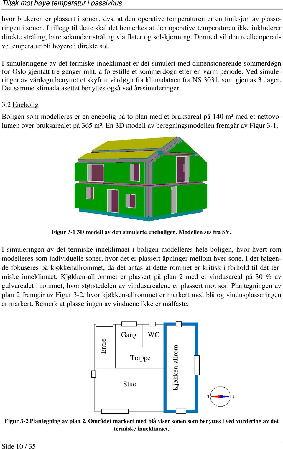 Dermed vil den reelle operative temperatur bli høyere i direkte sol. I simuleringene av det termiske inneklimaet er det simulert med dimensjonerende sommerdøgn for Oslo gjentatt tre ganger mht.