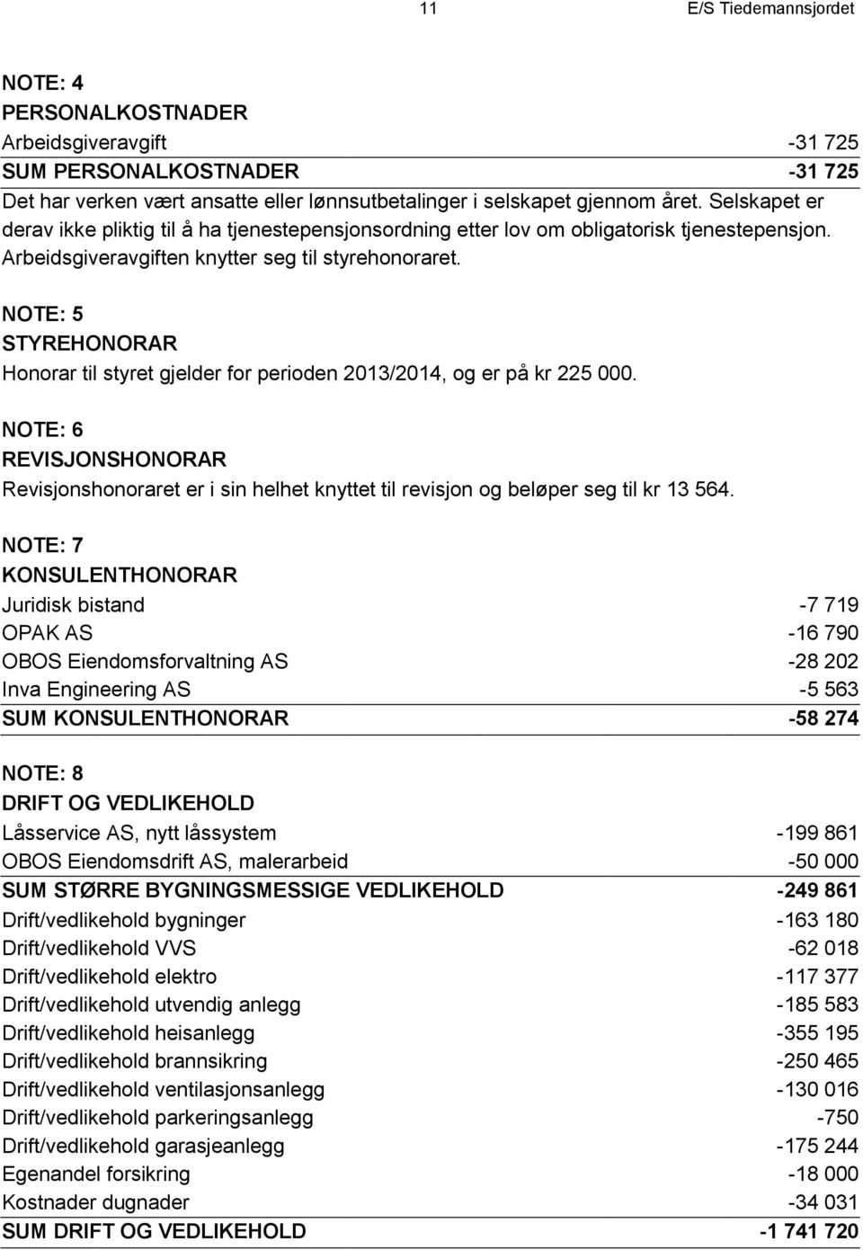 NOTE: 5 STYREHONORAR Honorar til styret gjelder for perioden 2013/2014, og er på kr 225 000.