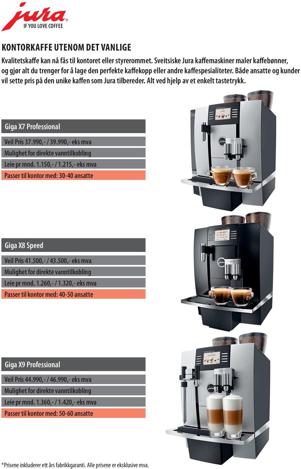 Både ansatte og kunder vil sette pris på den unike kaffen som Jura tilbereder. Alt ved hjelp av et enkelt tastetrykk. Giga X7 Professional Veil Pris 37.990,- / 39.