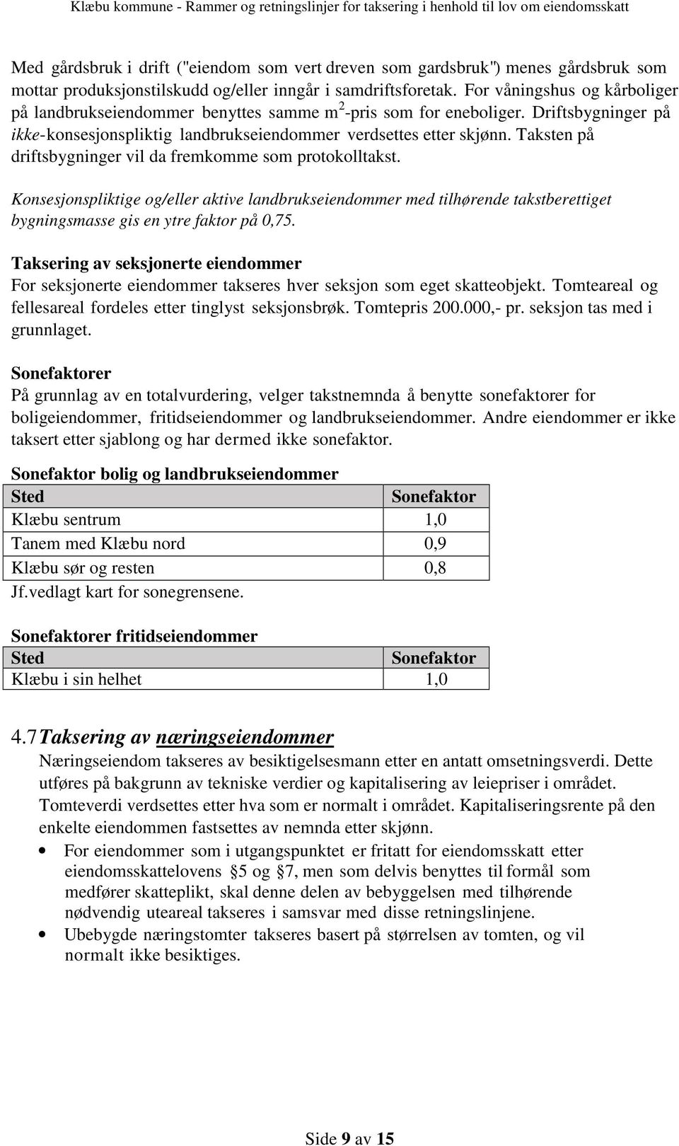 Taksten på driftsbygninger vil da fremkomme som protokolltakst. Konsesjonspliktige og/eller aktive landbrukseiendommer med tilhørende takstberettiget bygningsmasse gis en ytre faktor på 0,75.