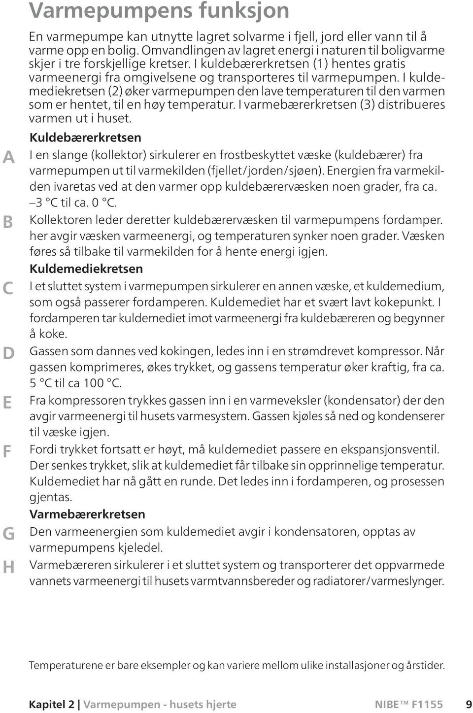 I kuldemediekretsen (2) øker varmepumpen den lave temperaturen til den varmen som er hentet, til en høy temperatur. I varmebærerkretsen (3) distribueres varmen ut i huset.