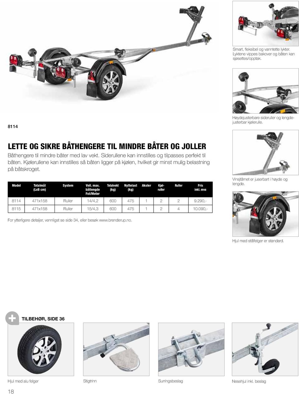 Kjølerullene kan innstilles så båten ligger på kjølen, hvilket gir minst mulig belastning på båtskroget. Model Totalmål (LxB cm) System Veil. max.