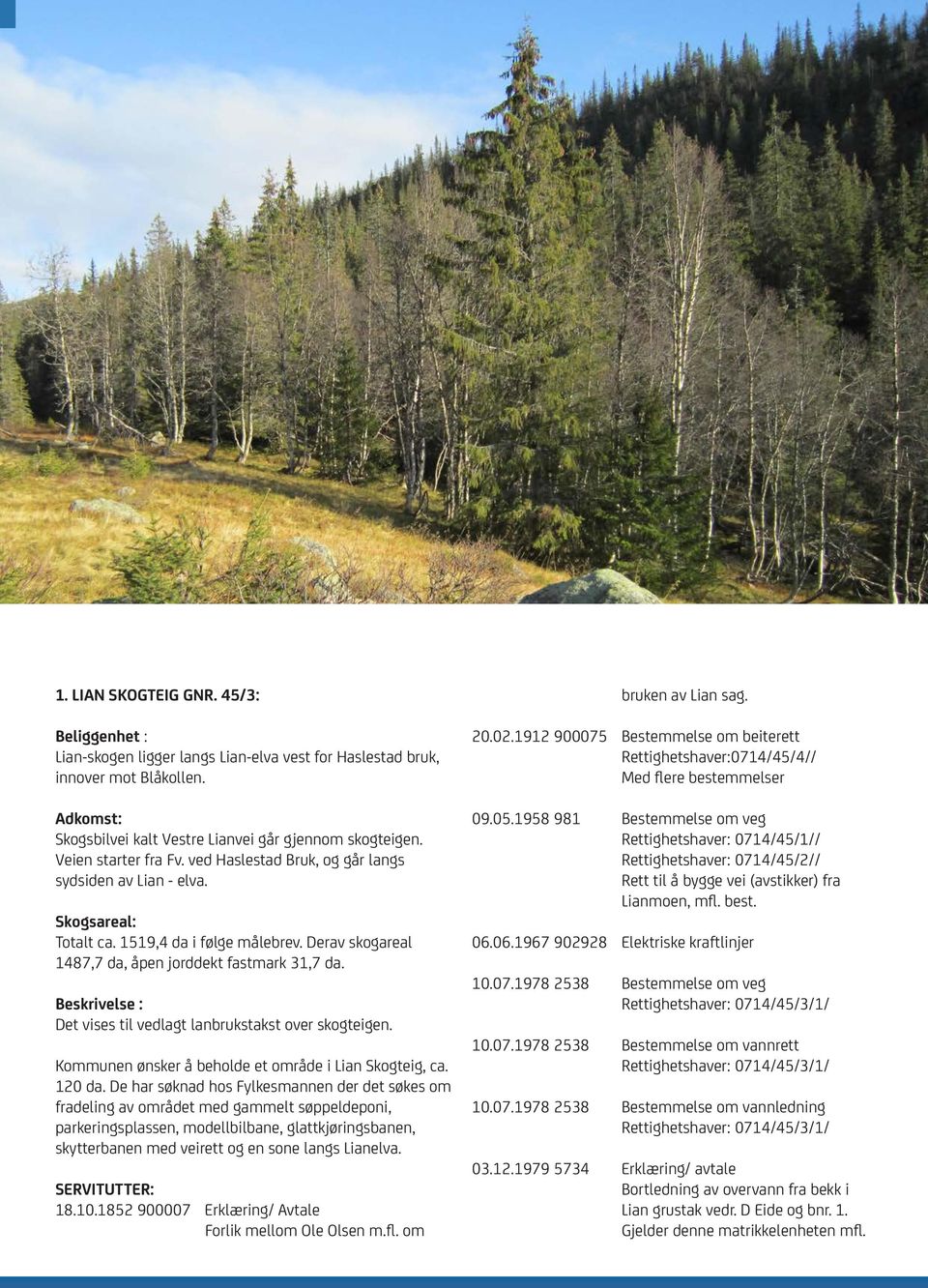Beskrivelse : Det vises til vedlagt lanbrukstakst over skogteigen. Kommunen ønsker å beholde et område i Lian Skogteig, ca. 120 da.