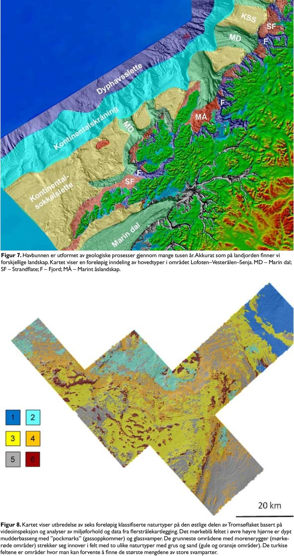 Kartet viser utbredelse av seks foreløpig klassifiserte naturtyper på den østlige delen av Tromsøflaket basert på videoinspeksjon og analyser av miljøforhold og data fra flerstrålekartlegging.