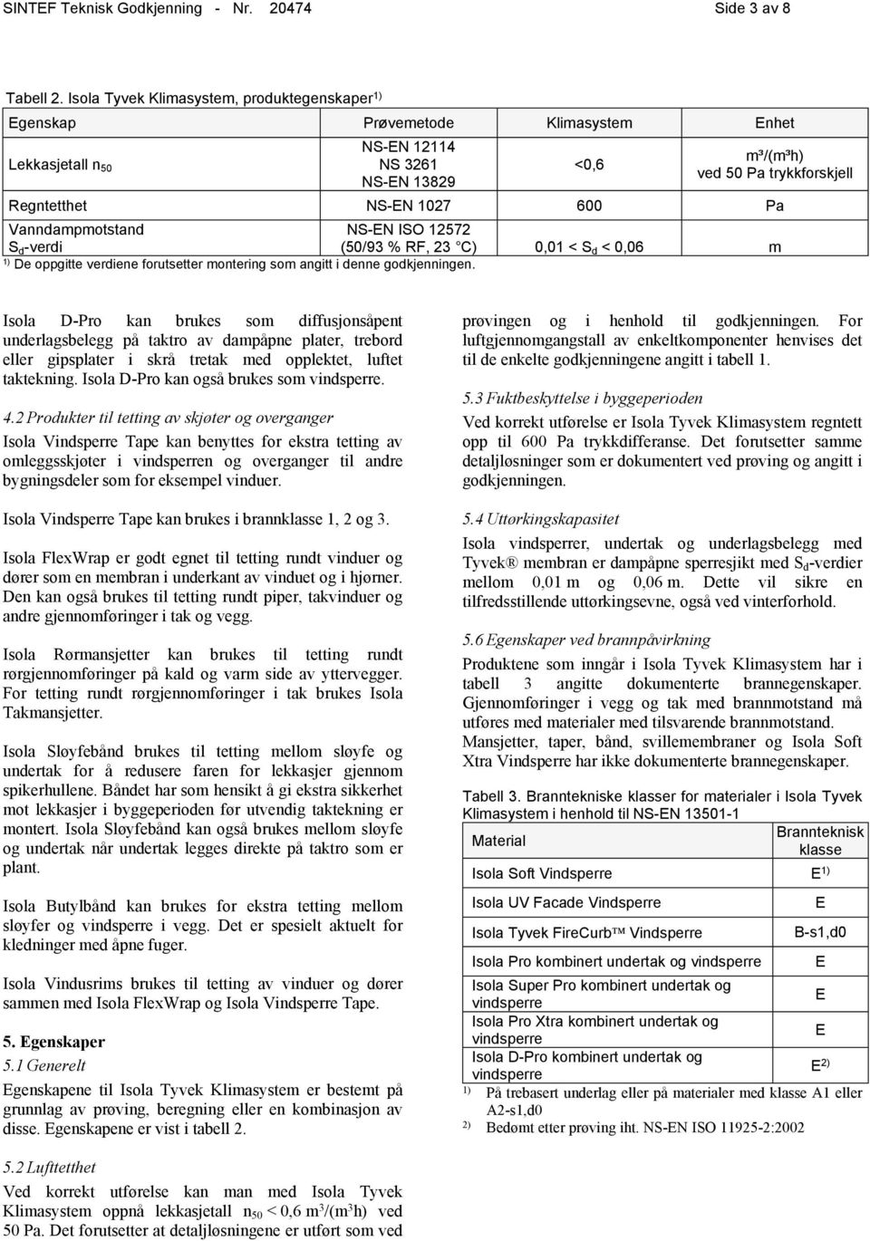 600 Pa Vanndampmotstand S d -verdi NS-EN ISO 12572 (50/93 % RF, 23 C) 0,01 < S d < 0,06 m 1) De oppgitte verdiene forutsetter montering som angitt i denne godkjenningen.