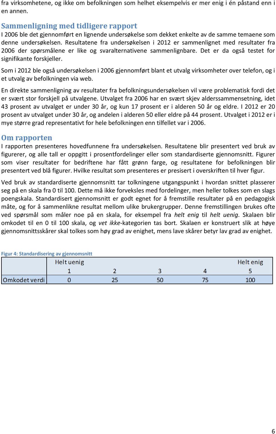 Resultatene fra undersøkelsen i 2012 er sammenlignet med resultater fra 2006 der spørsmålene er like og svaralternativene sammenlignbare. Det er da også testet for signifikante forskjeller.