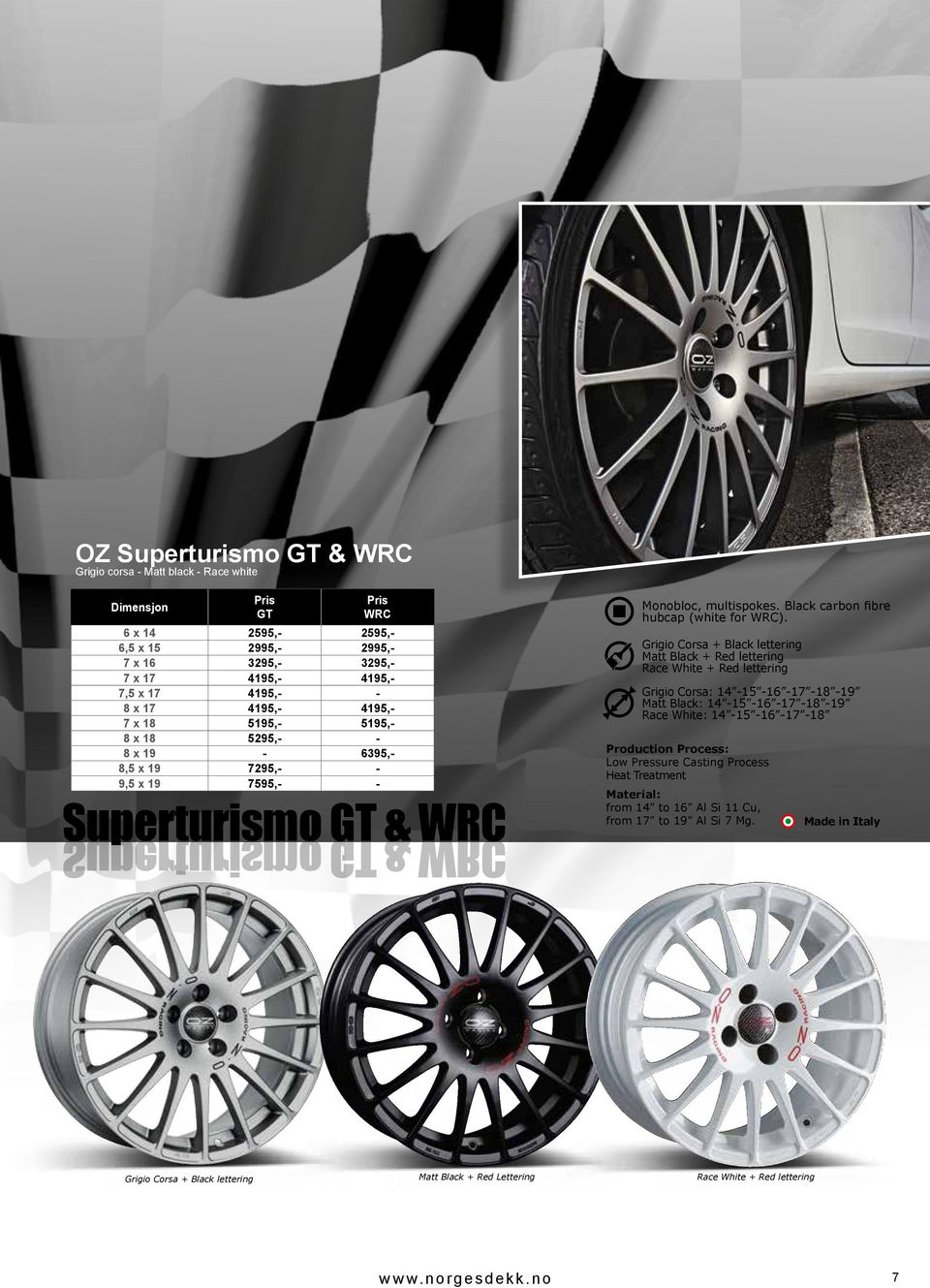 Grigio Corsa + Black lettering Matt Black + Red lettering Race White + Red lettering Grigio Corsa: 14-15 -16-17 -18-19 Matt Black: 14-15 -16-17 -18-19 Race White: 14-15 -16-17 -18 Production Process: