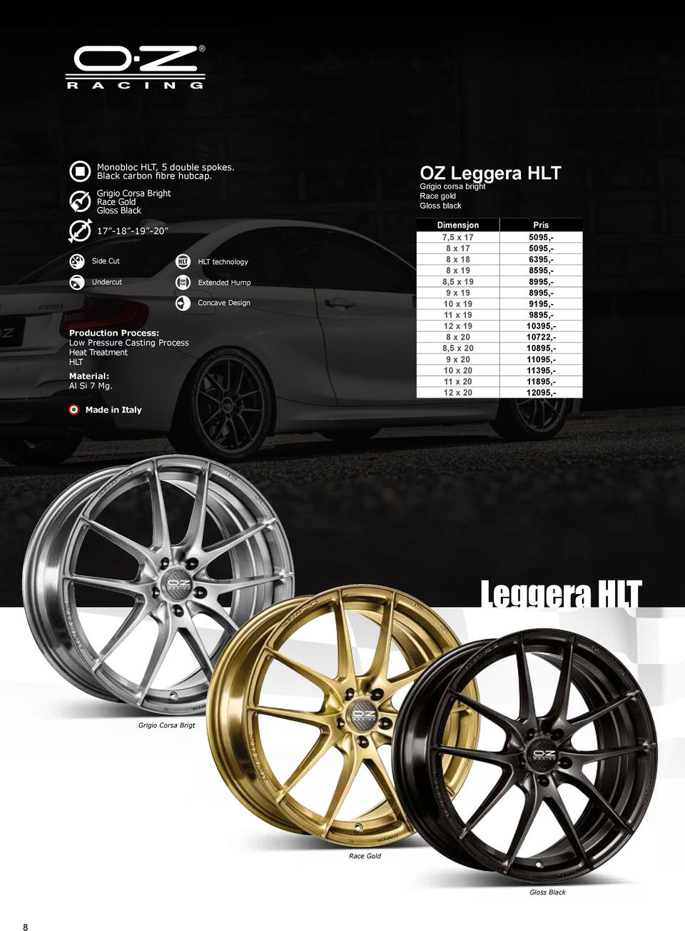 7 Mg. HLT technology Extended Hump Concave Design OZ Leggera HLT Grigio corsa bright Race gold Gloss black Dimensjon 7,5 x 17 5095,- 8 x 17 5095,- 8 x 18