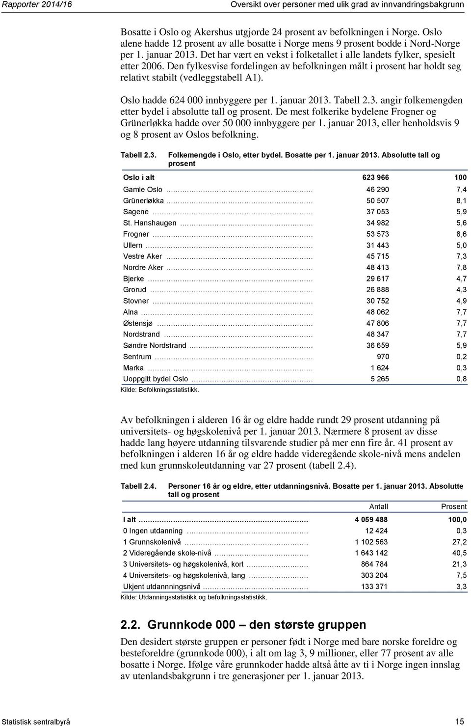 Den fylkesvise fordelingen av befolkningen målt i prosent har holdt seg relativt stabilt (vedleggstabell A1). Oslo hadde 624 000 innbyggere per 1. januar 2013.