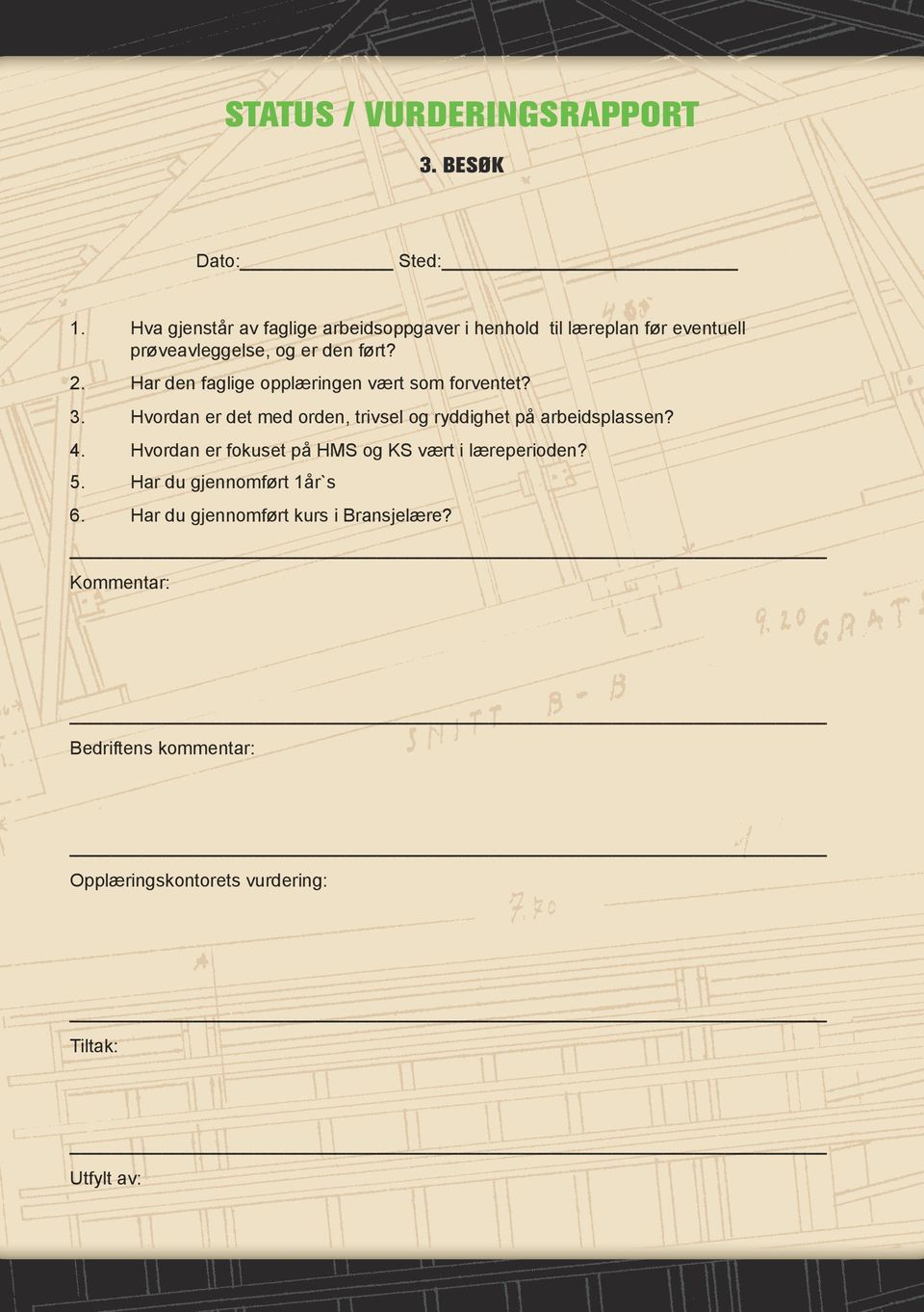 Har den faglige opplæringen vært som forventet? 3. Hvordan er det med orden, trivsel og ryddighet på arbeidsplassen? 4.